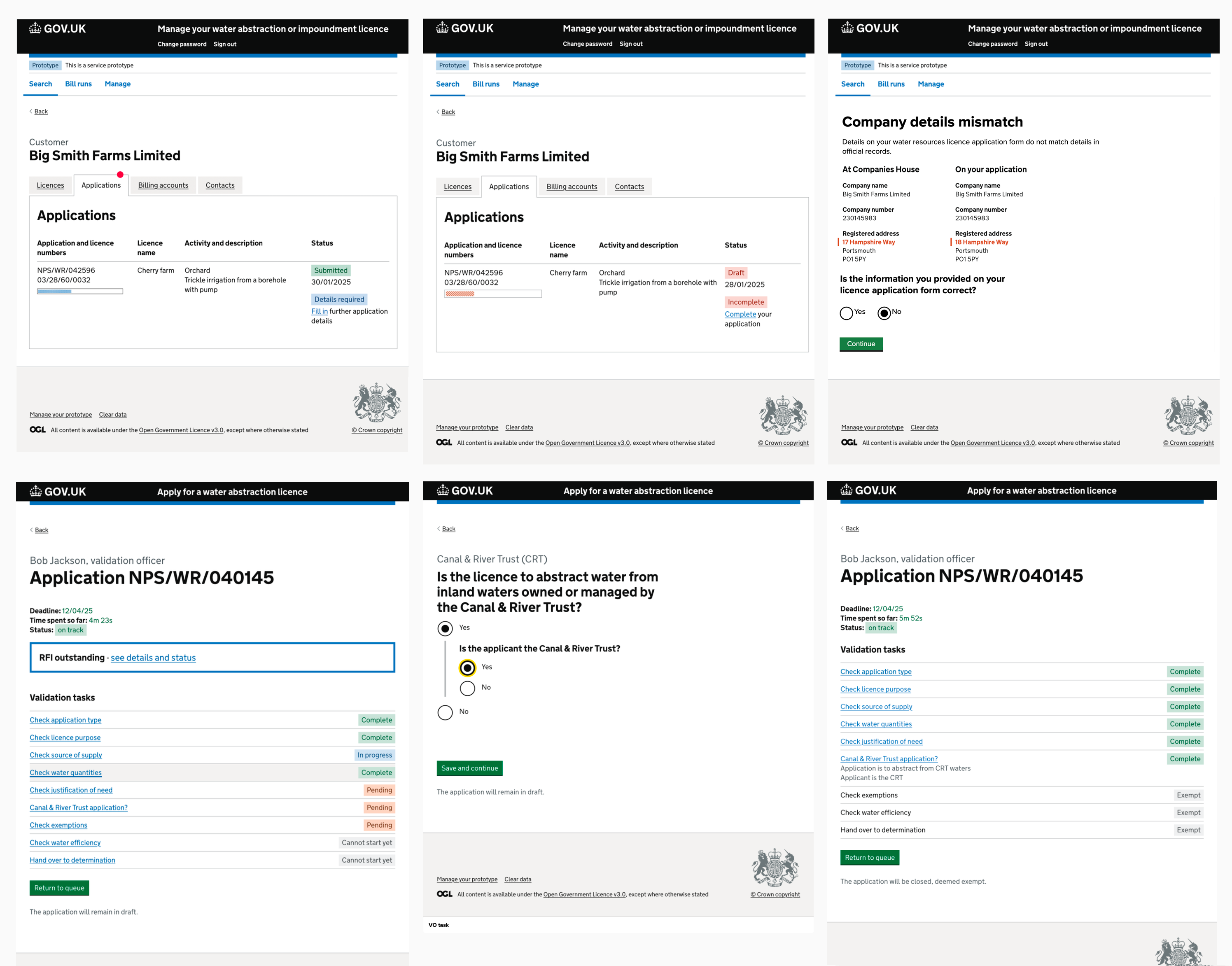 Sample screens from part of the flow for our speculative end-to-end licence application service