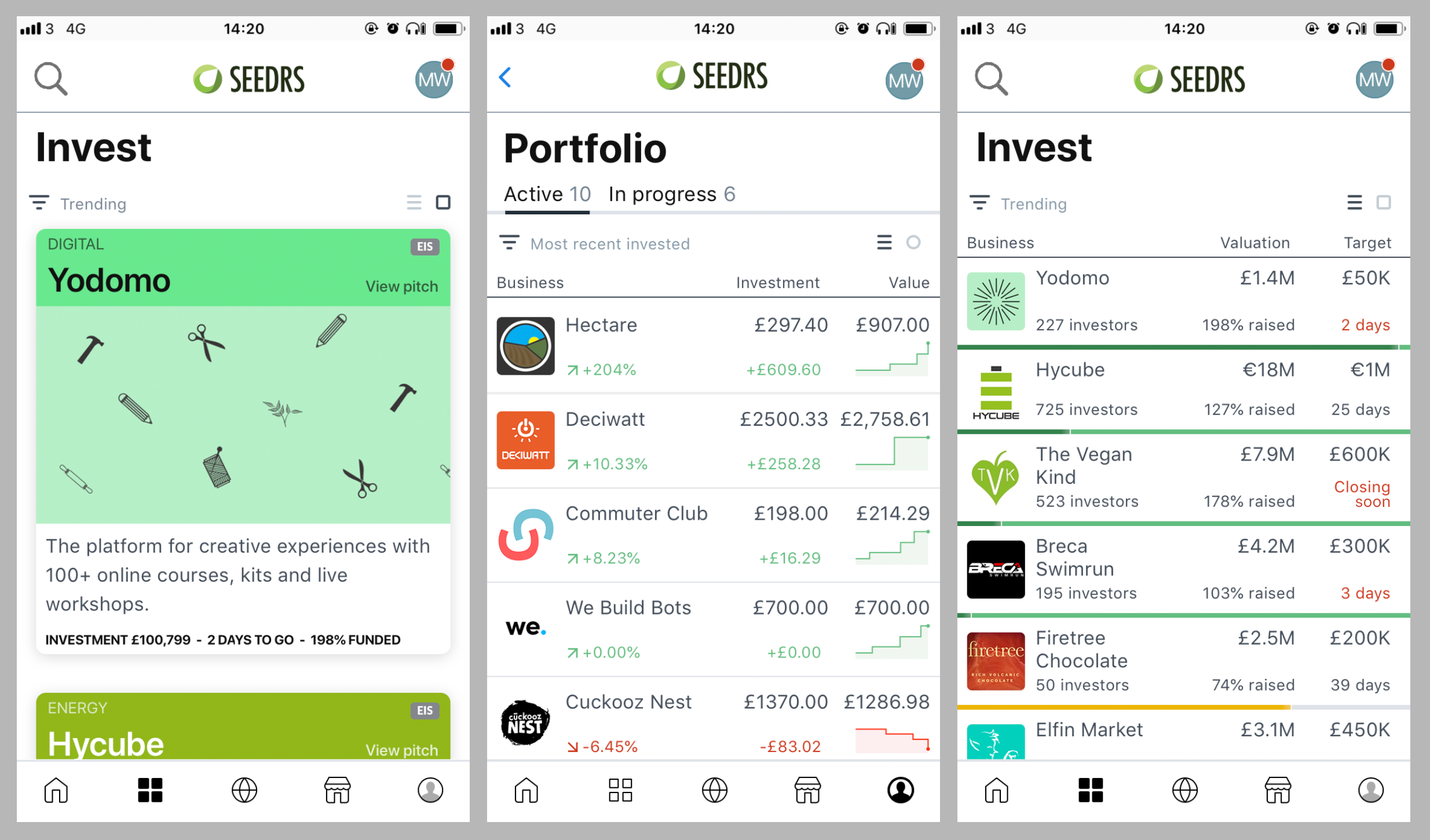 A few screens from the app